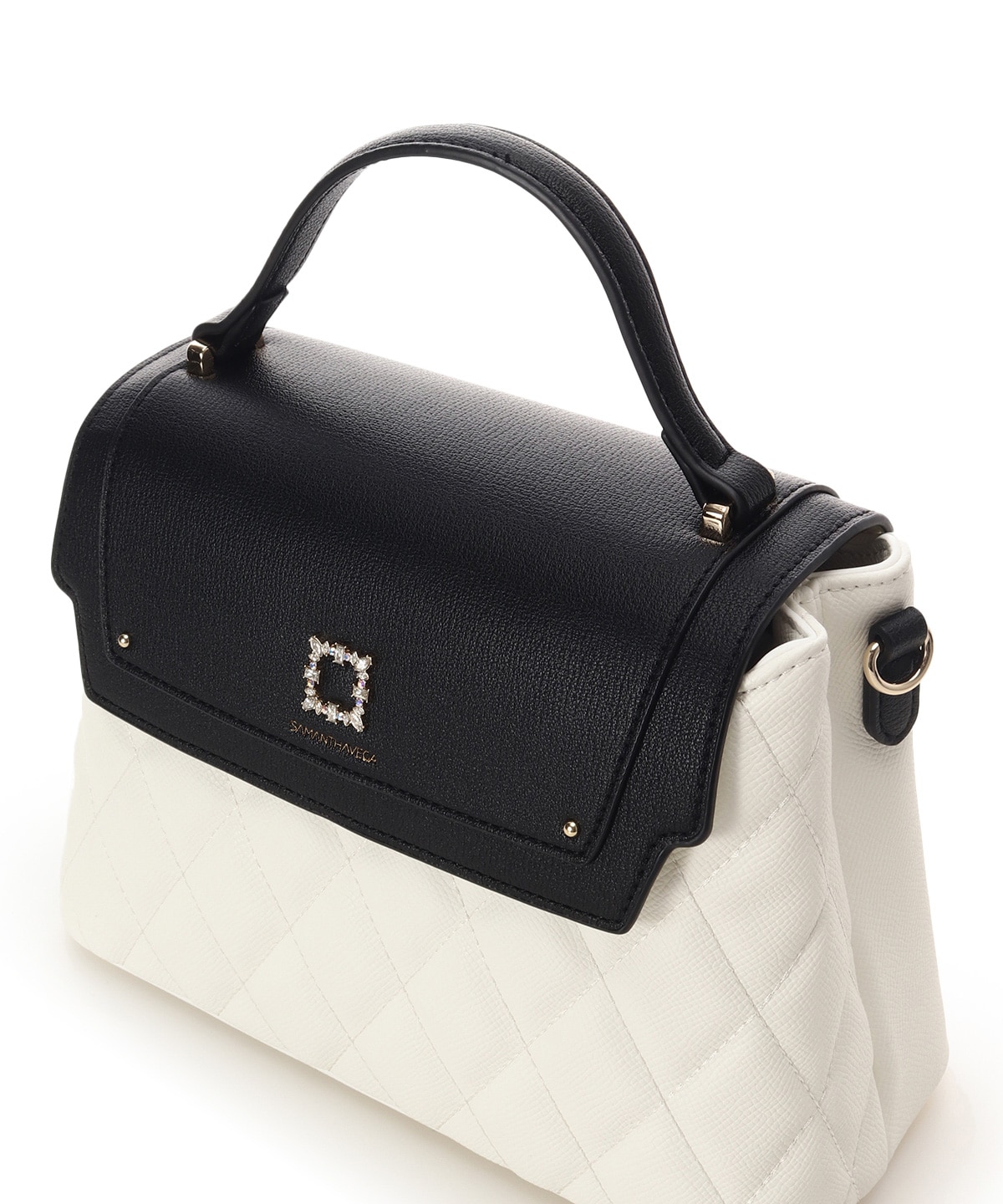 スクエアビジューキルトフラップハンドバッグ