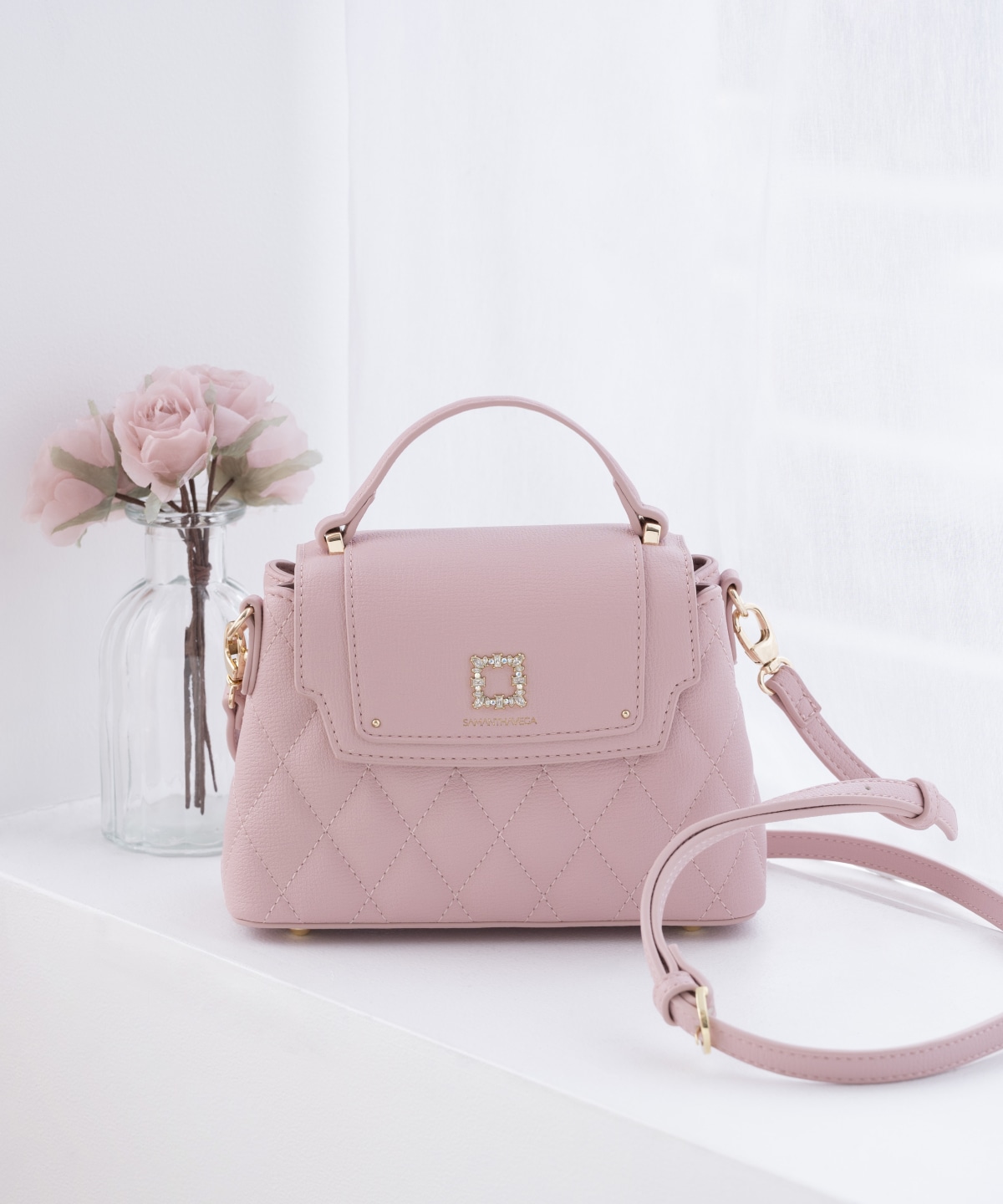 スクエアビジューキルトフラップショルダーバッグ