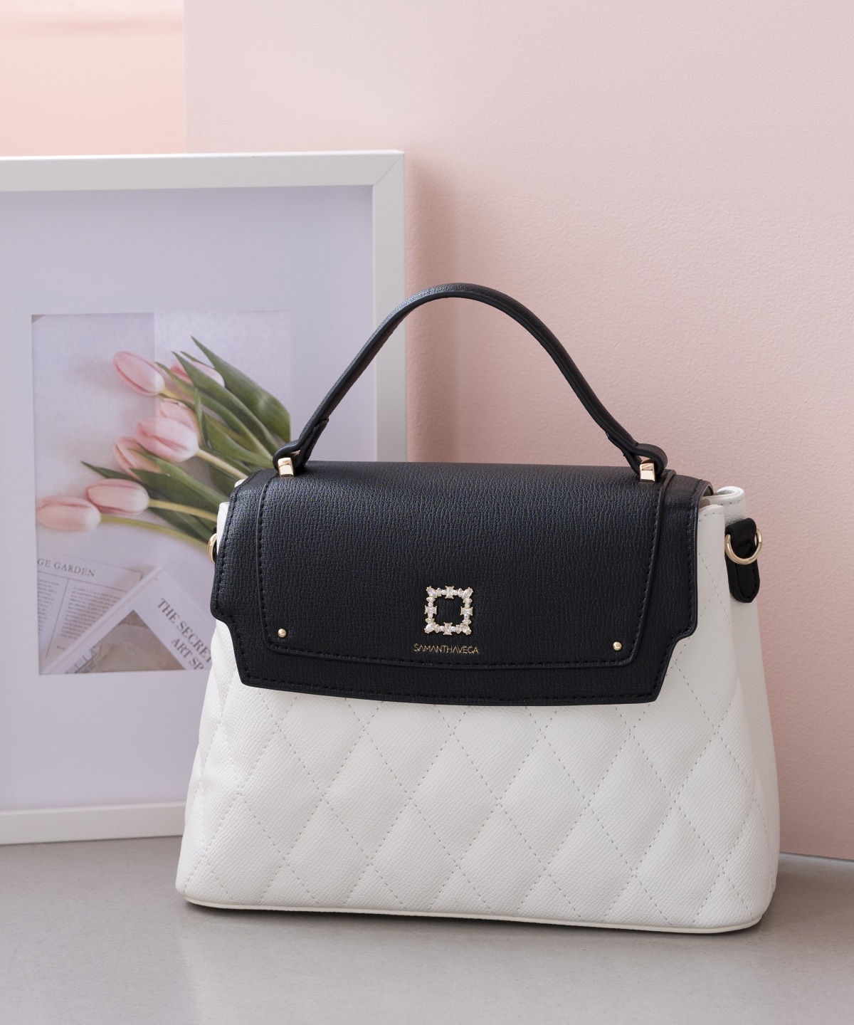 スクエアビジューキルトフラップハンドバッグ