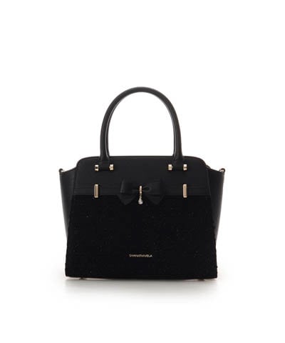 ラメツイードアクセントリボンハンドバッグ(FREE ブラック